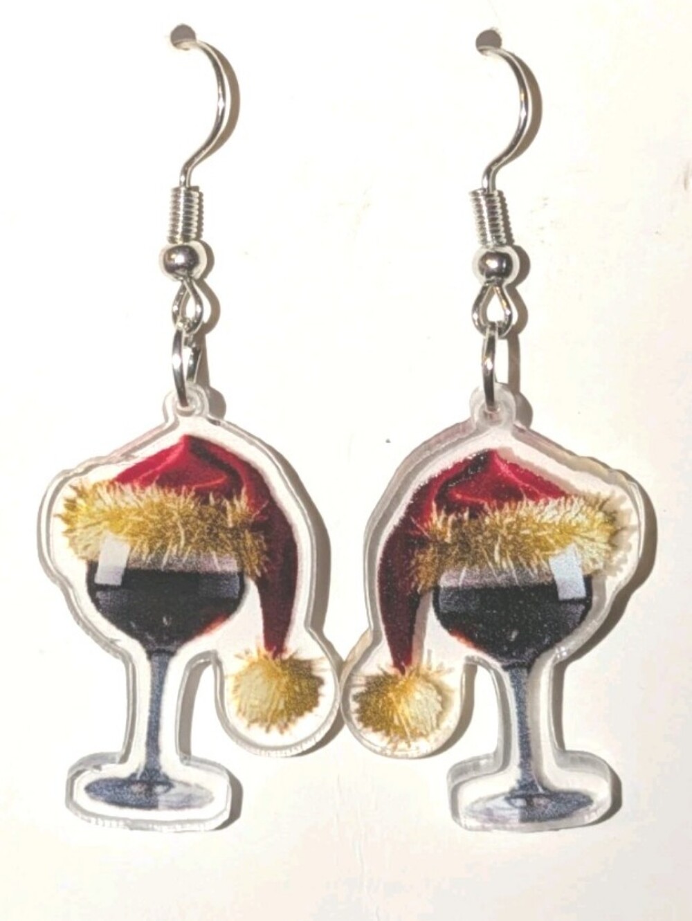 Hand Crafted Holiday Wine Glass Santa Hat Acrylic Dangle Earrings - Picture 5 of 6